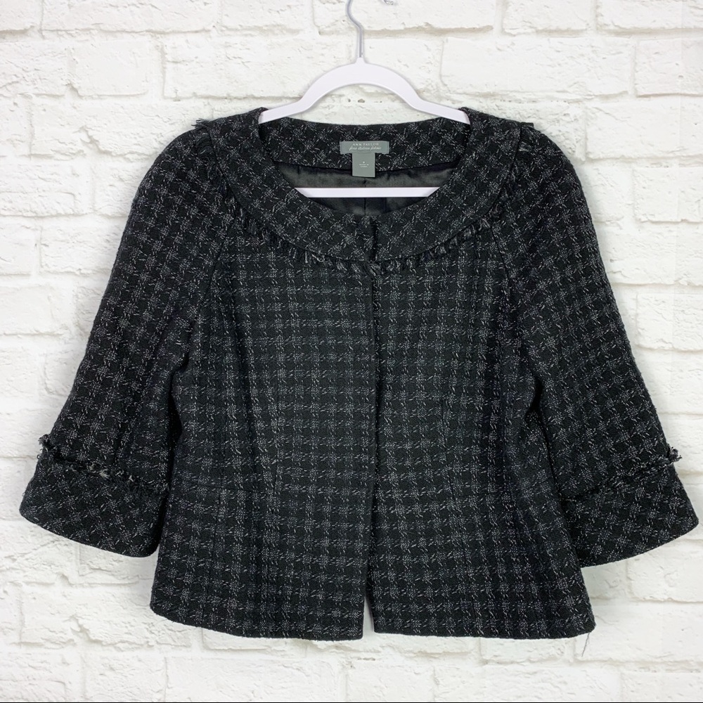 Ann Taylor Italian Tweed Fringe Snap Button Blazer